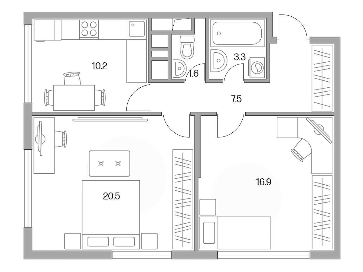 Планировка: 2-комн. квартира 60.00 м² в новостройке ЖК Бригантина