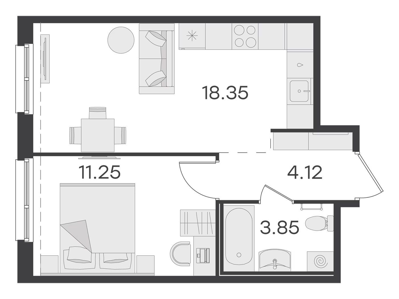 Планировка: 1-комн. квартира 37.10 м² в новостройке Глоракс Парголово
