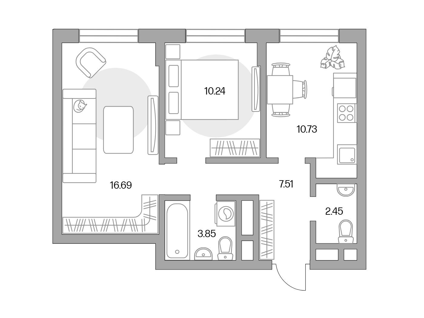 Планировка: 2-комн. квартира 51.47 м² в новостройке Живописный
