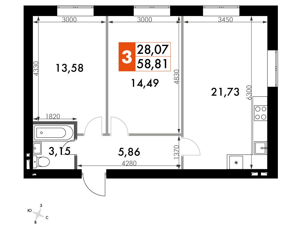 Планировка: 2-комн. квартира 58.80 м² в новостройке Парк Апрель