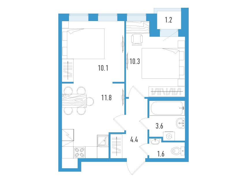 Планировка: 2-комн. квартира 42.40 м² в новостройке Аэросити Клаб