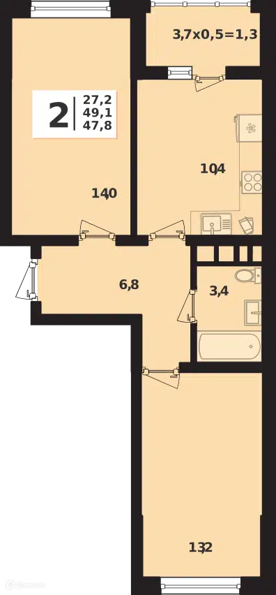 Планировка: 2-комн. квартира 49.10 м² в новостройке Грани