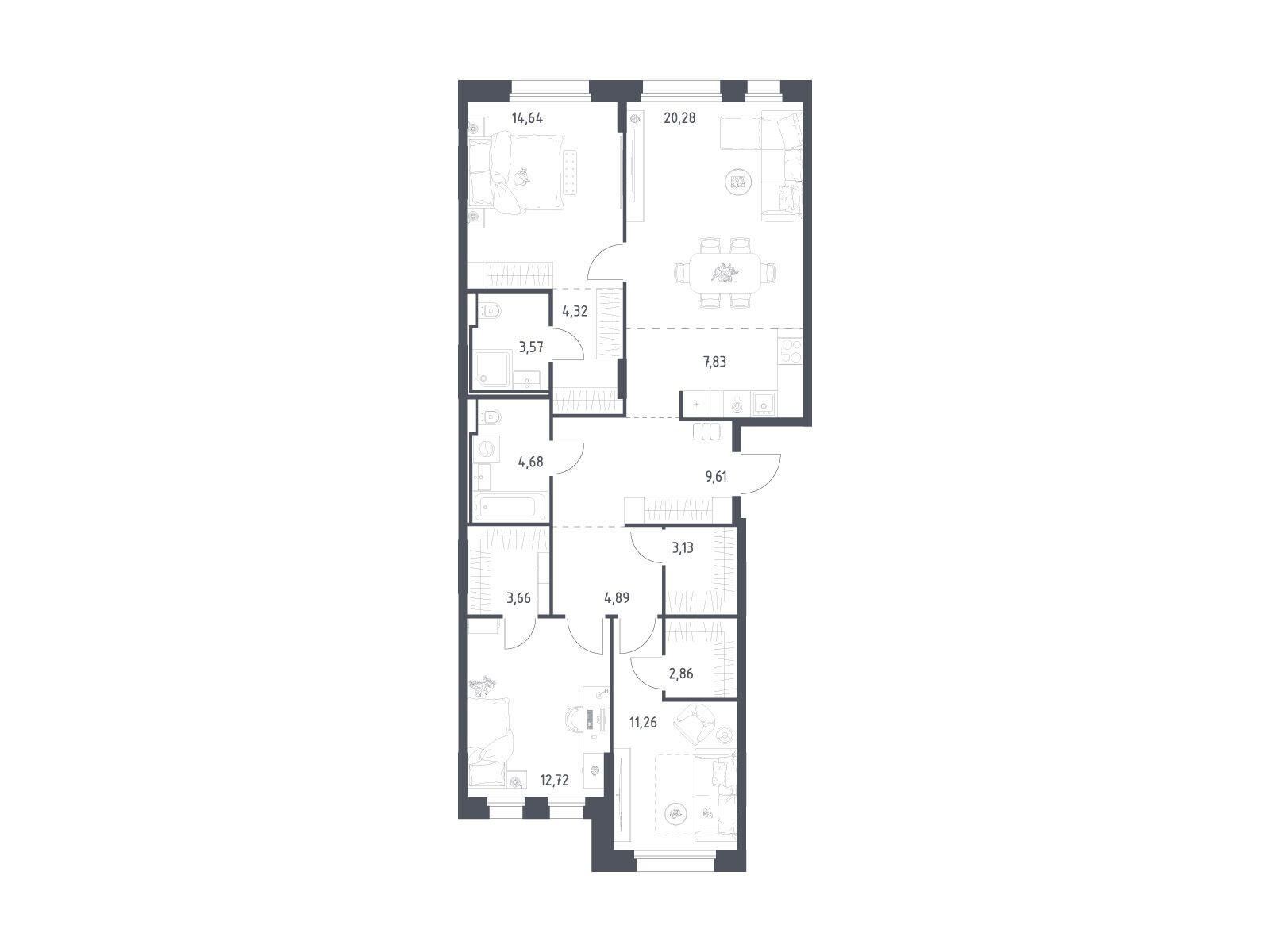 Планировка: 3-комн. квартира 103.45 м² в новостройке Заречье Парк