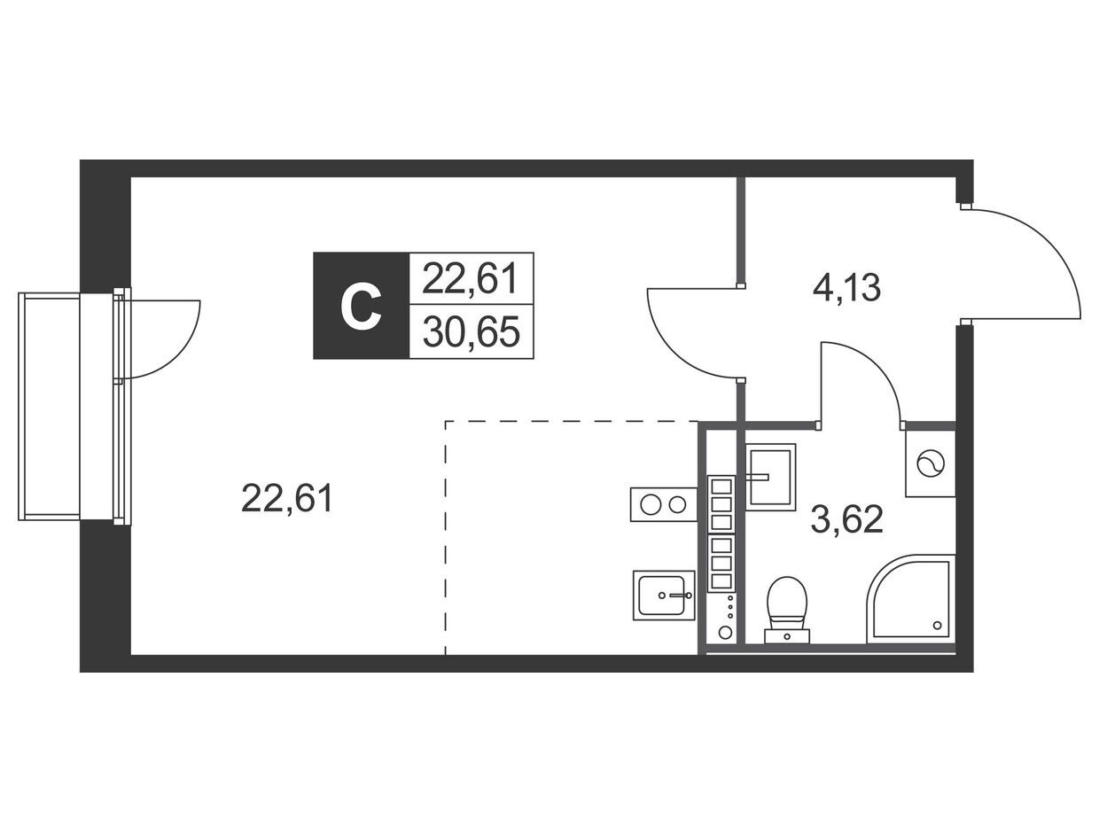 Планировка: Студия 30.65 м² в новостройке Слобода