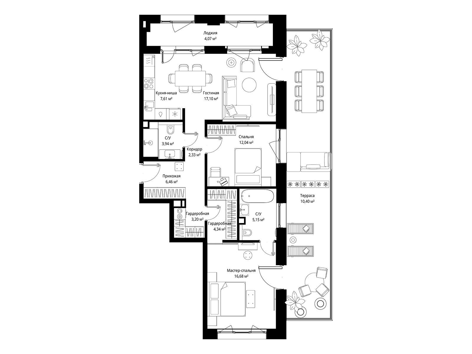 Планировка: 2-комн. квартира 93.32 м² в новостройке Мыс