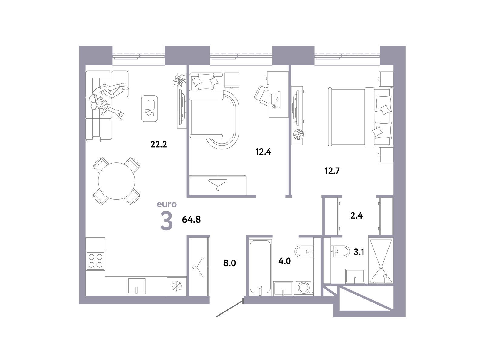Планировка: 3-комн. квартира 64.80 м² в новостройке Страна. Заречная