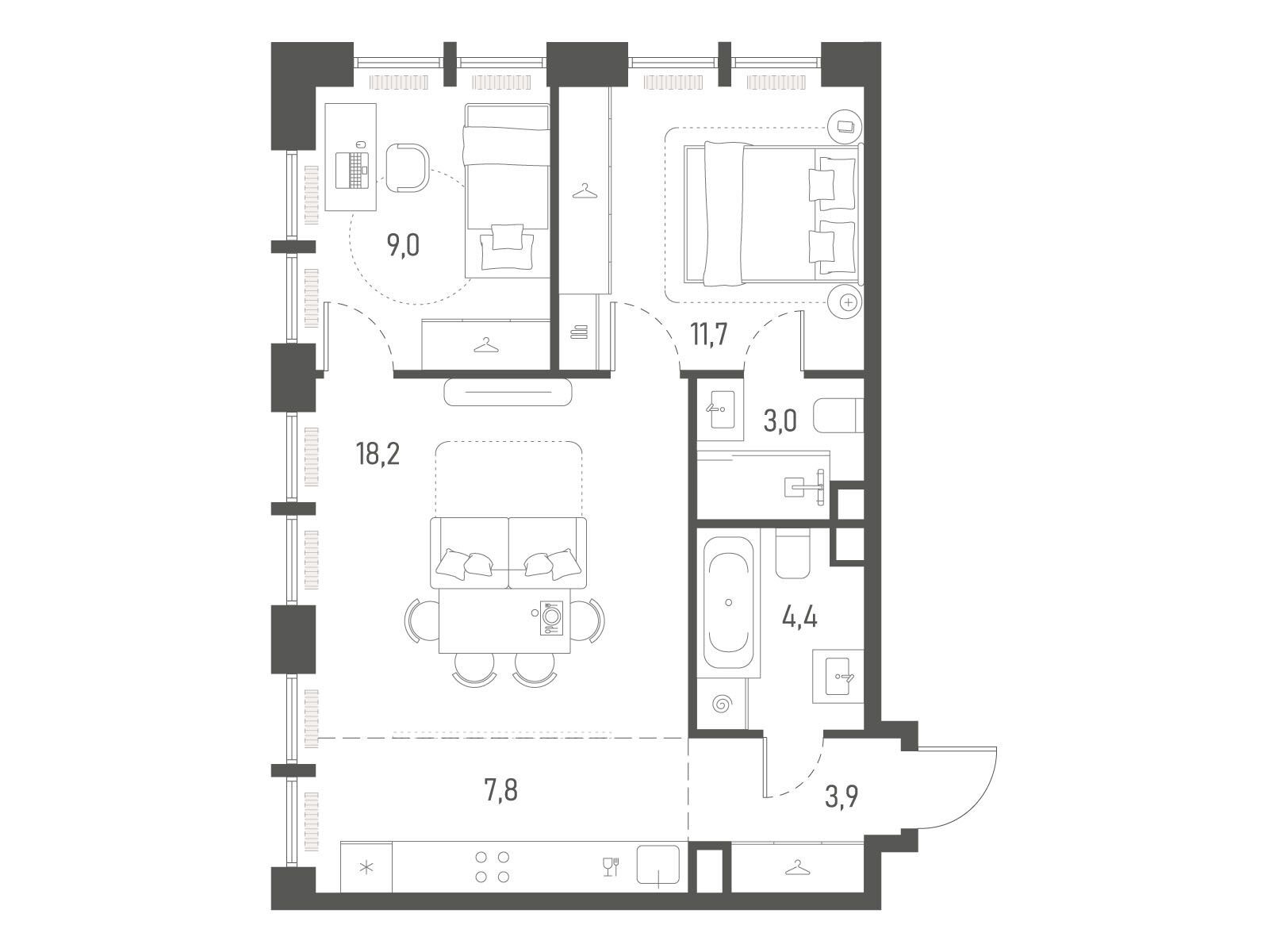 Планировка: 2-комн. квартира 58.00 м² в новостройке Среда на Лобачевского