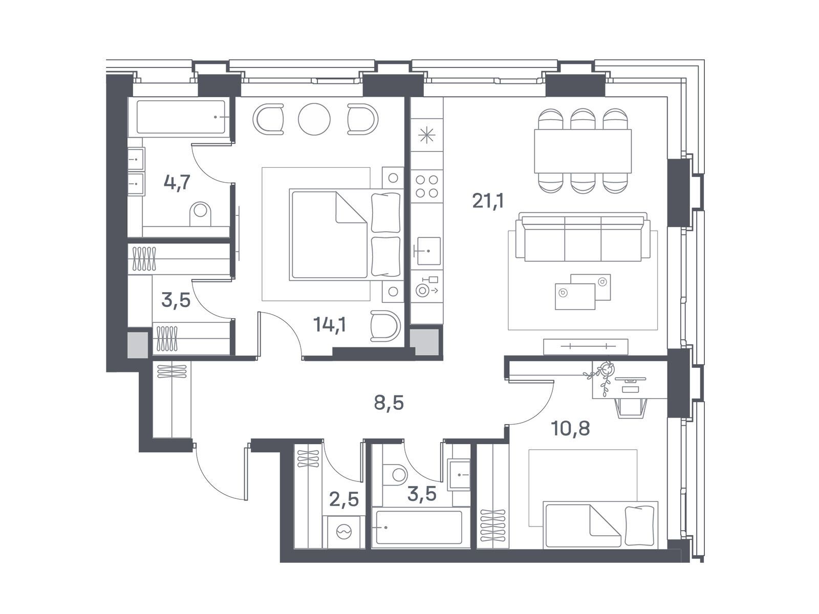 Планировка: 2-комн. квартира 68.70 м² в новостройке Портленд. Дом на берегу