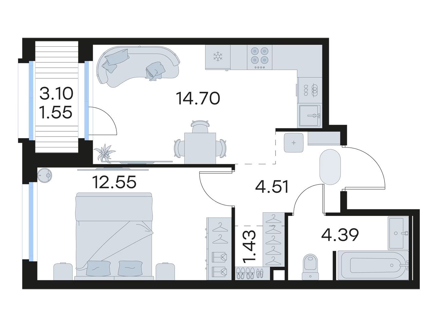 Планировка: 1-комн. квартира 39.10 м² в новостройке Глоракс Парголово