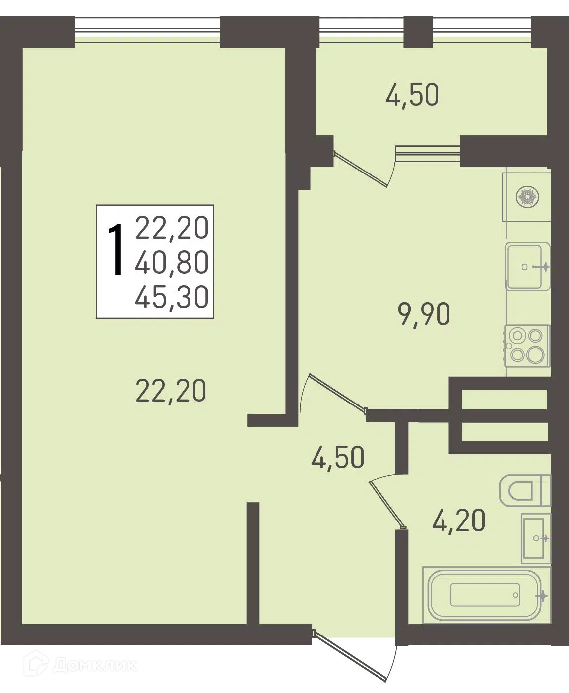 Планировка: 1-комн. квартира 45.30 м² в новостройке Югге