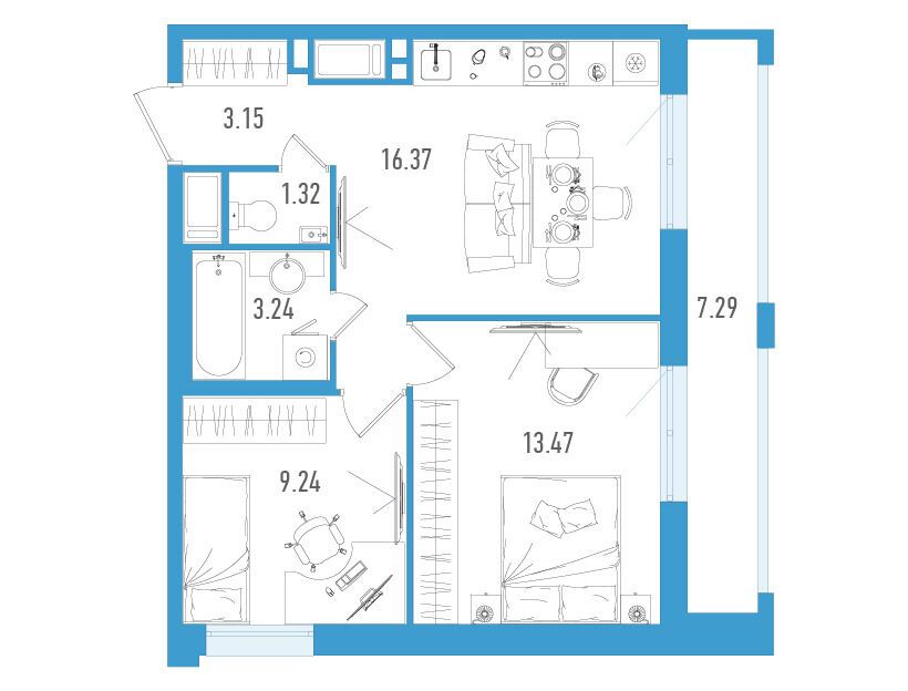Планировка: 2-комн. квартира 48.98 м² в новостройке Старлайт