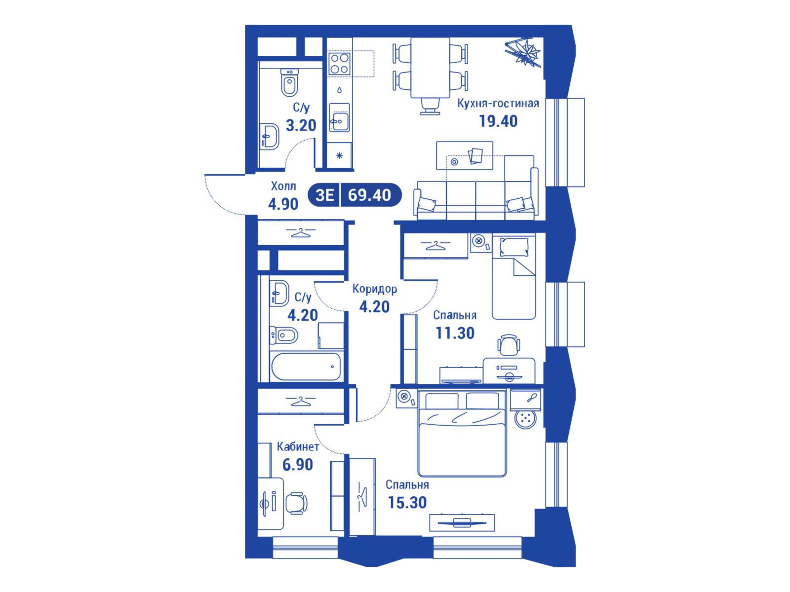 Планировка: 3-комн. квартира 71.90 м² в новостройке айЛав