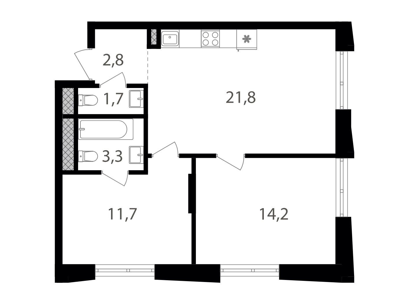 Планировка: 2-комн. квартира 55.50 м² в новостройке Семеновский парк 2