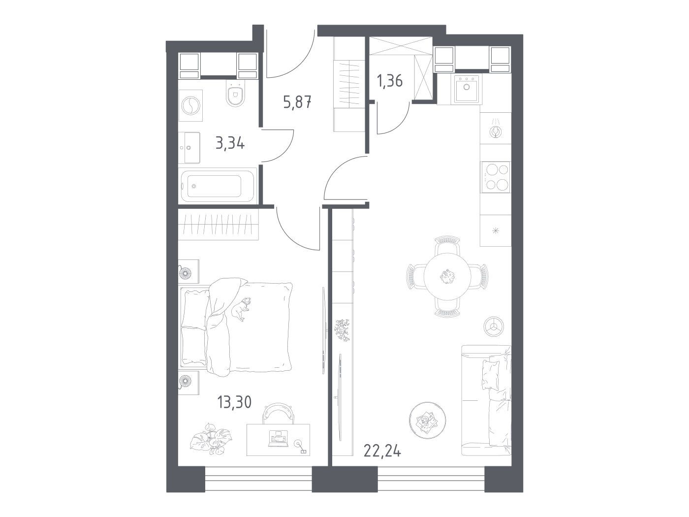Планировка: 1-комн. квартира 46.11 м² в новостройке Пятницкое 58