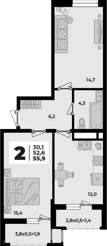 Планировка: 2-комн. квартира 55.90 м² в новостройке Родной дом 5