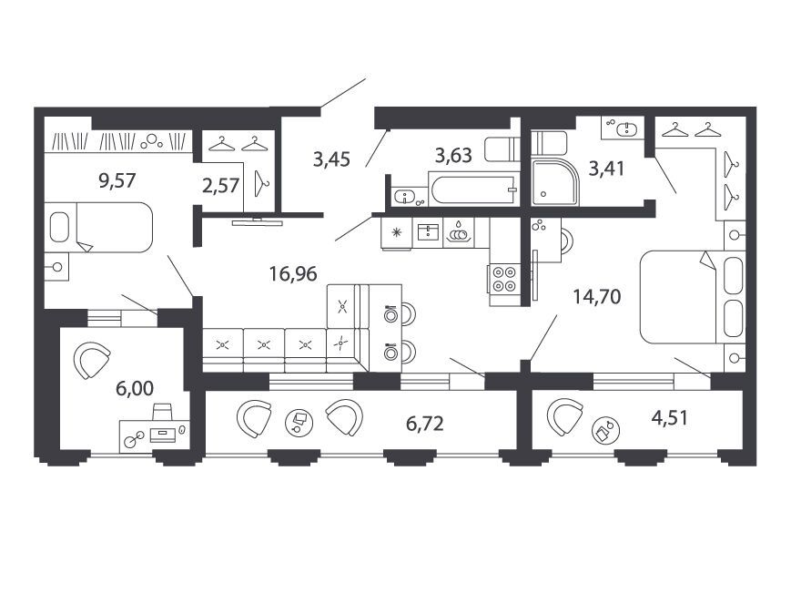 Планировка: 1-комн. квартира 62.91 м² в новостройке Шепилевский