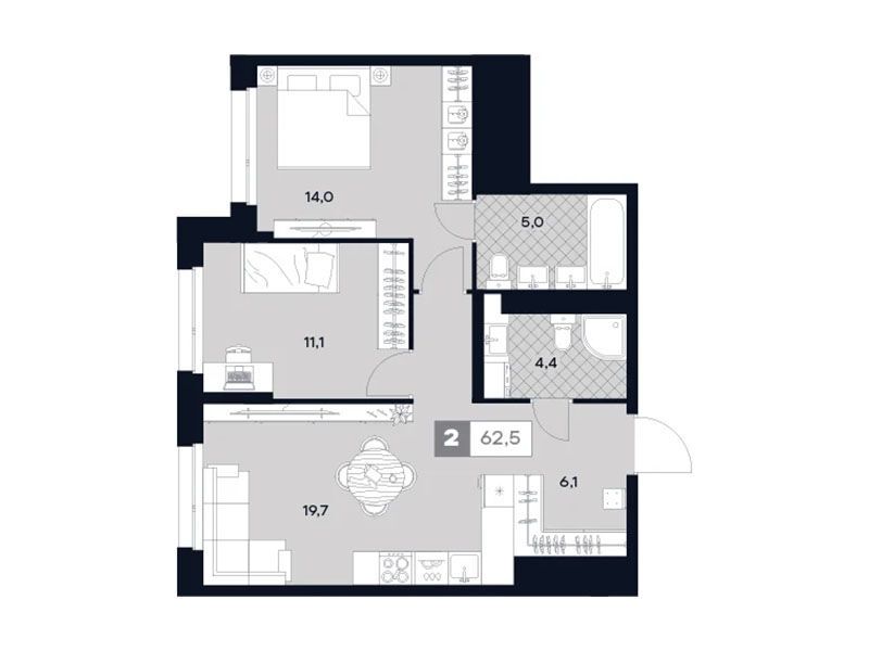 Планировка: 2-комн. квартира 62.50 м² в новостройке ЖК Юту