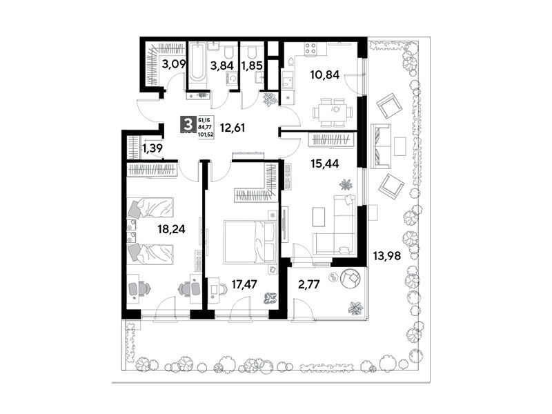 Планировка: 3-комн. квартира 101.52 м² в новостройке Эво