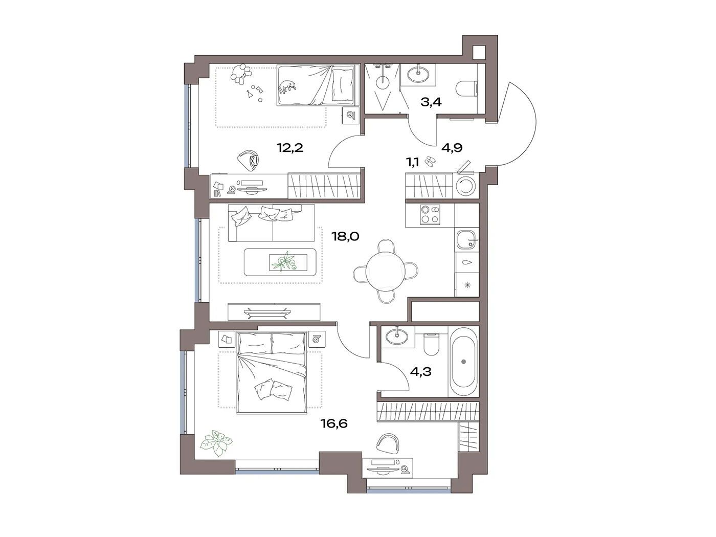 Планировка: 2-комн. квартира 60.50 м² в новостройке Акценты