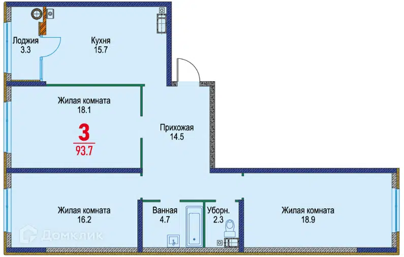 Планировка: 3-комн. квартира 93.70 м² в новостройке Красный Металлист