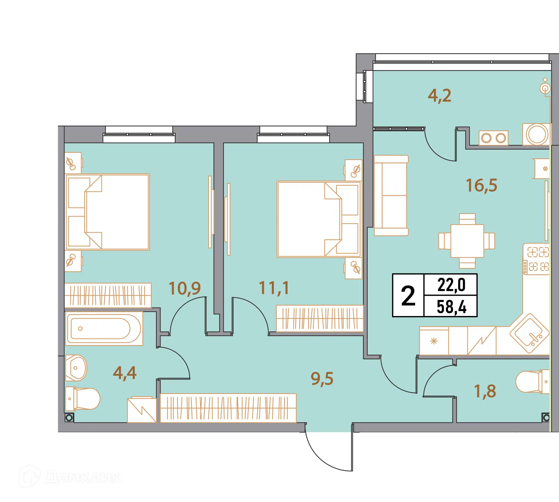 Планировка: 3-комн. квартира 58.40 м² в новостройке Фруктовый сад