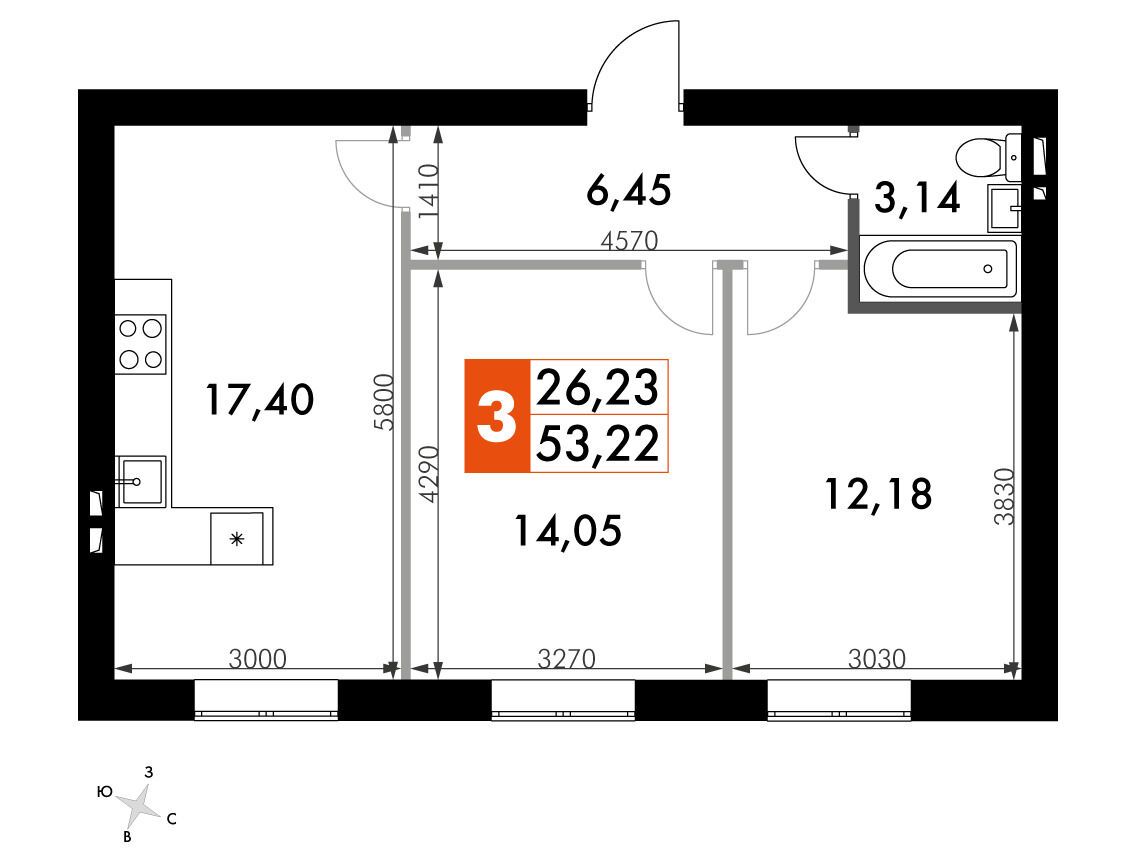 Планировка: 2-комн. квартира 53.10 м² в новостройке Парк Апрель
