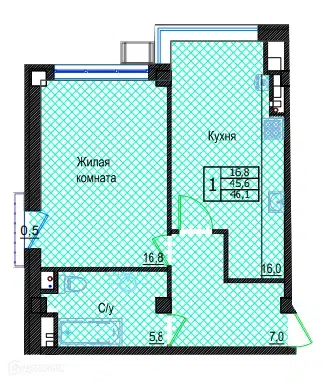 Планировка: 1-комн. квартира 46.10 м² в новостройке Резиденция