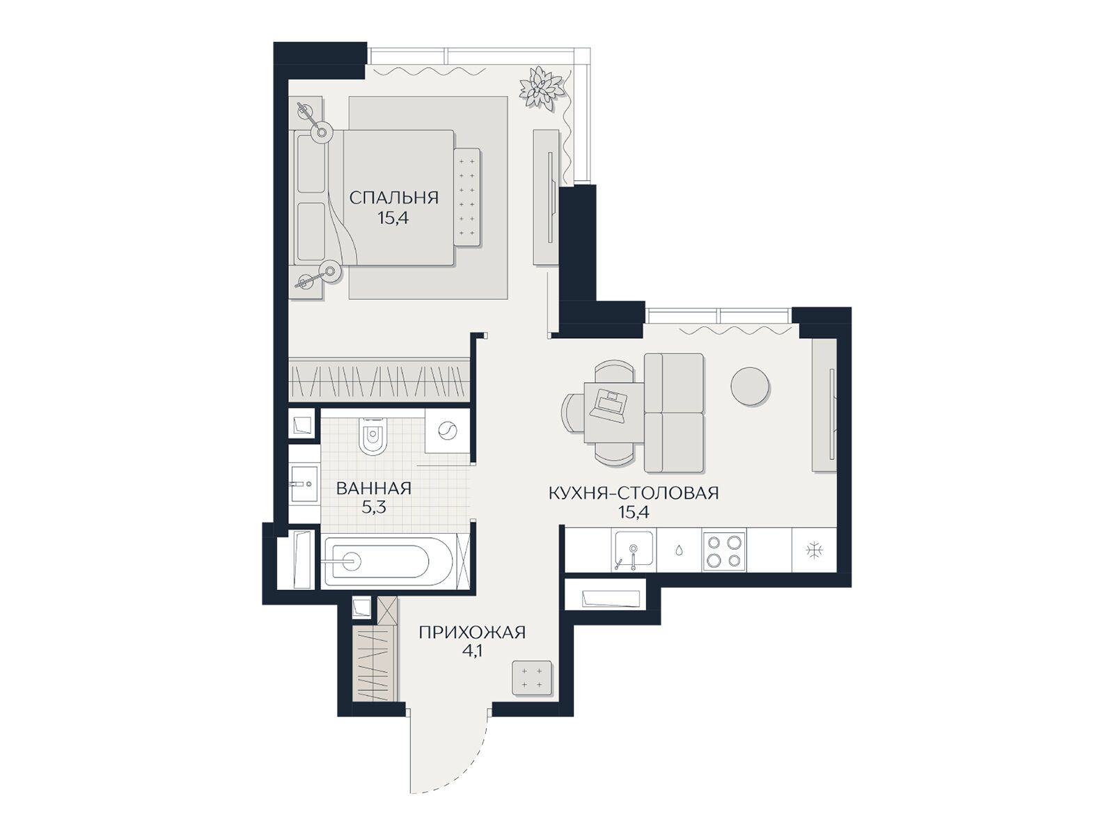 Планировка: 1-комн. квартира 40.20 м² в новостройке Кутузов Сити