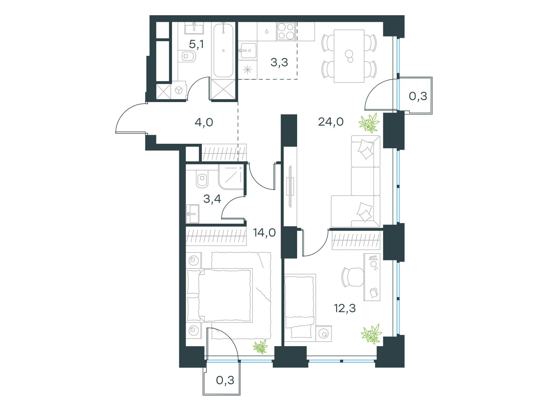 Планировка: 3-комн. квартира 66.70 м² в новостройке Левел Звенигородская