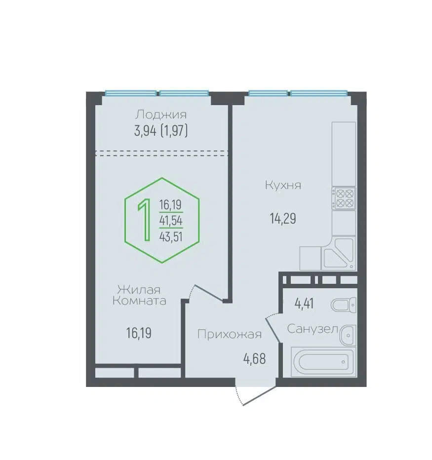 Планировка: 1-комн. квартира 42.60 м² в новостройке Гарантия на Обрывной