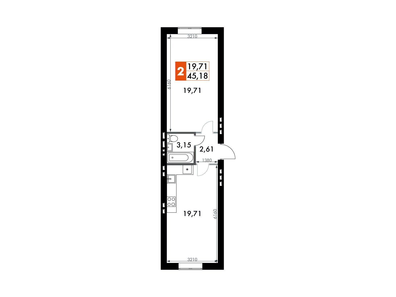 Планировка: 1-комн. квартира 45.40 м² в новостройке Парк Апрель