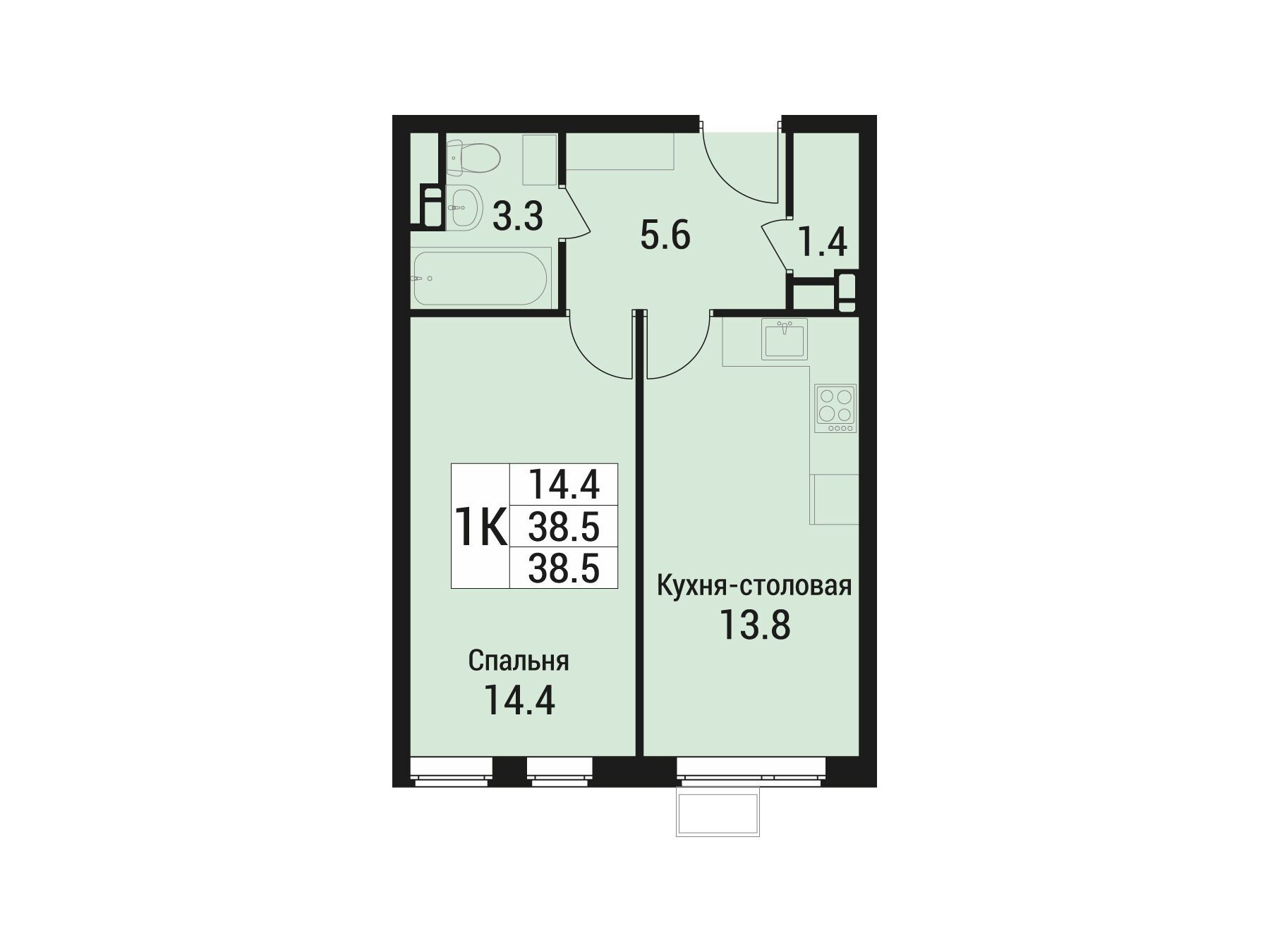 Планировка: 1-комн. квартира 38.50 м² в новостройке Дом в Малаховке