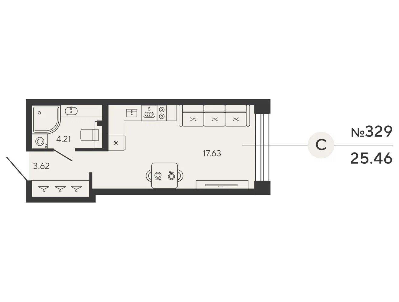 Планировка: 1-комн. квартира 25.46 м² в новостройке Башни Элемент