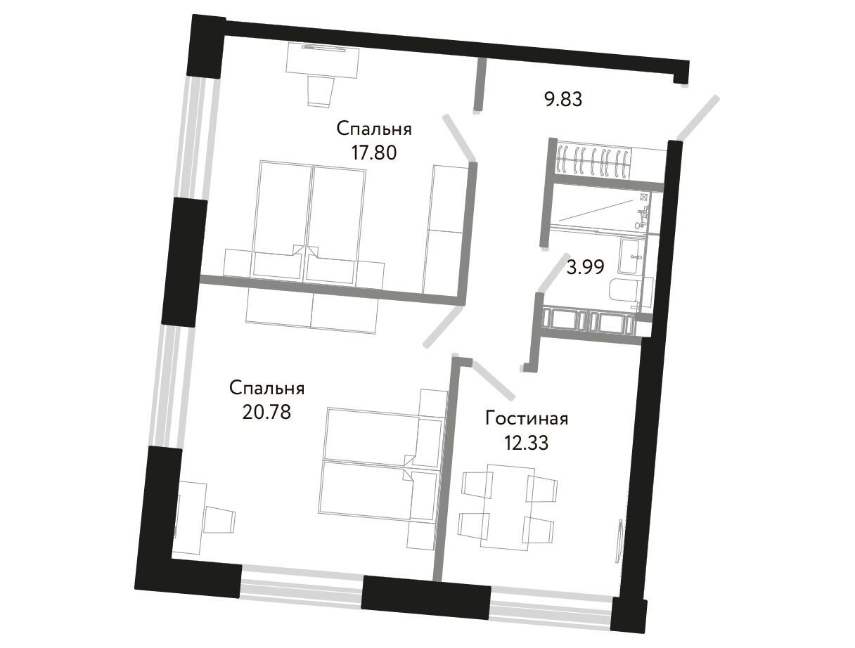 Планировка: 2-комн. квартира 64.73 м² в новостройке Некст