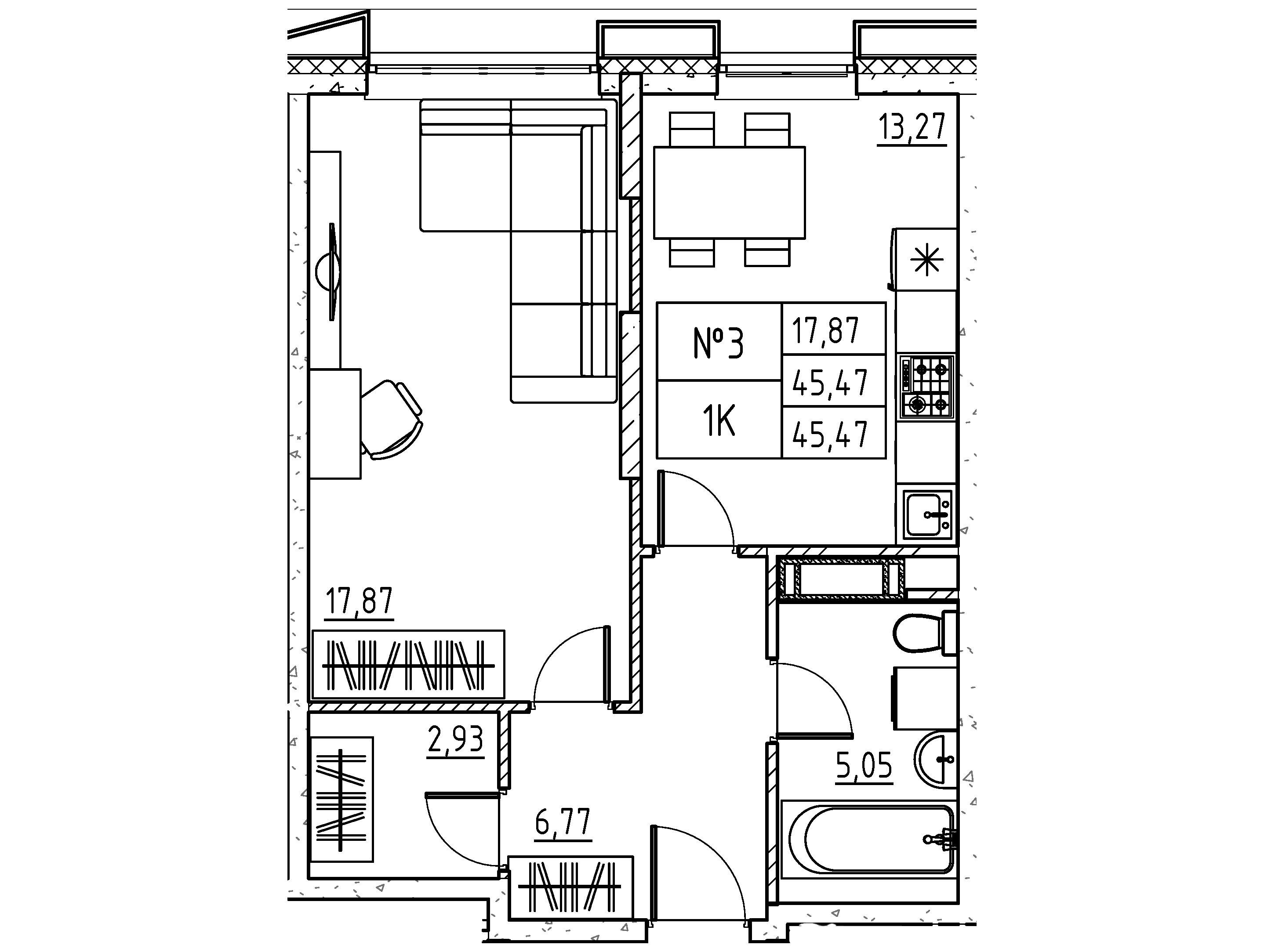 Планировка: Студия 45.46 м² в новостройке Бруно