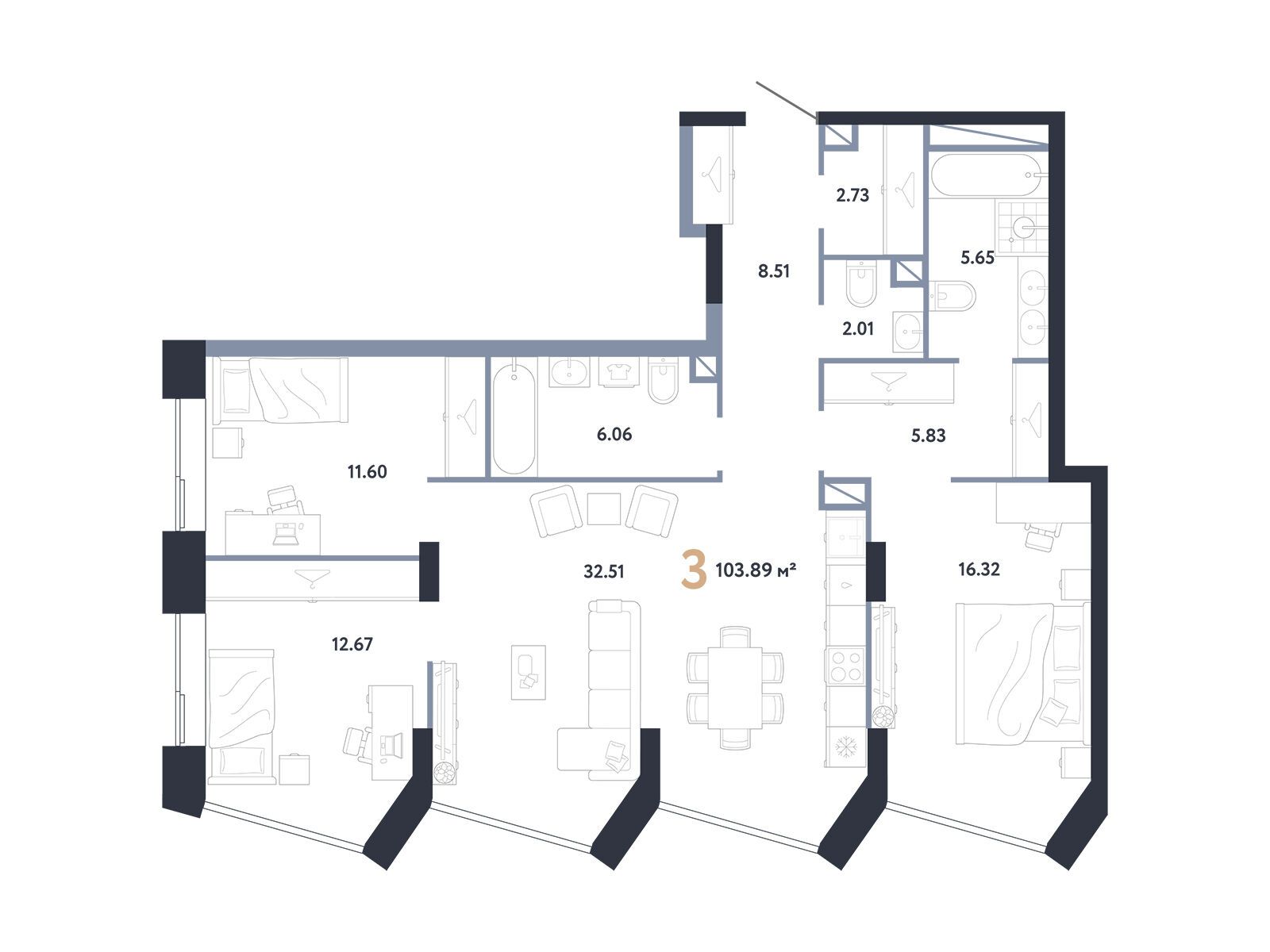 Планировка: 3-комн. квартира 103.89 м² в новостройке Репаблик