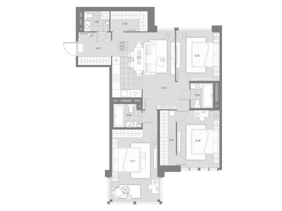 Планировка: 3-комн. квартира 99.21 м² в новостройке Авант
