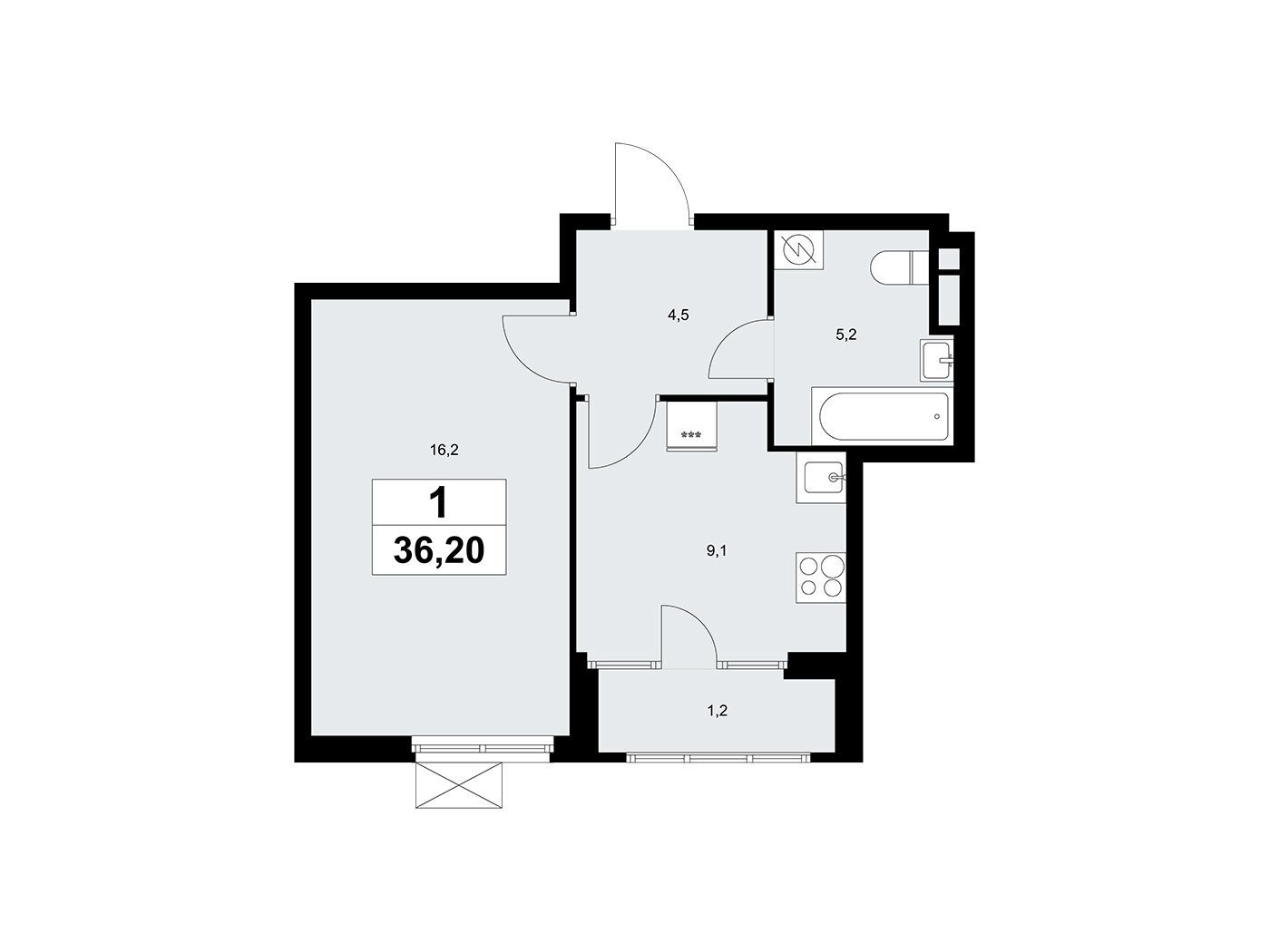 Планировка: 1-комн. квартира 36.20 м² в новостройке Дом на Зорге
