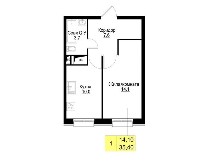 Планировка: 1-комн. квартира 35.30 м² в новостройке Корица