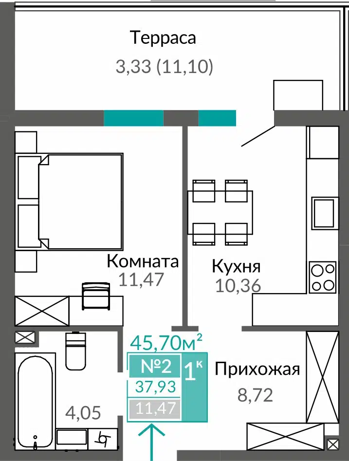 Планировка: 1-комн. квартира 37.93 м² в новостройке Горизонты