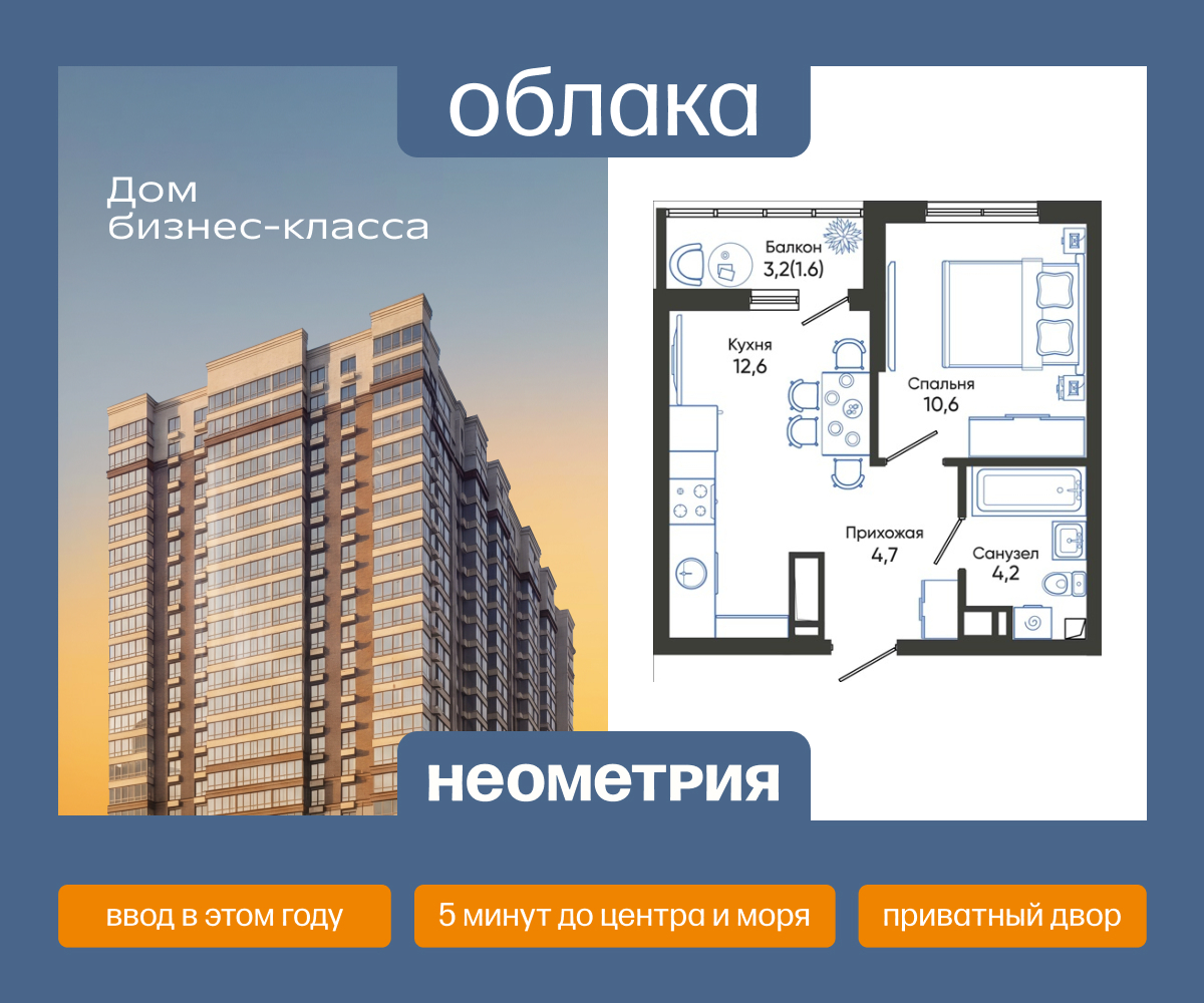 Планировка: 1-комн. квартира 33.70 м² в новостройке Облака
