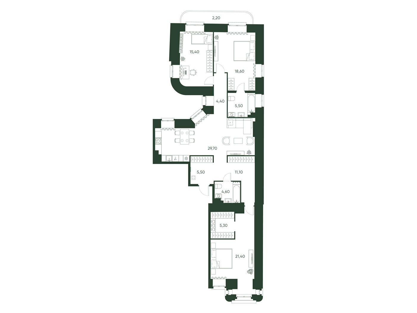 Планировка: 3-комн. квартира 123.60 м² в новостройке Моисеенко 10