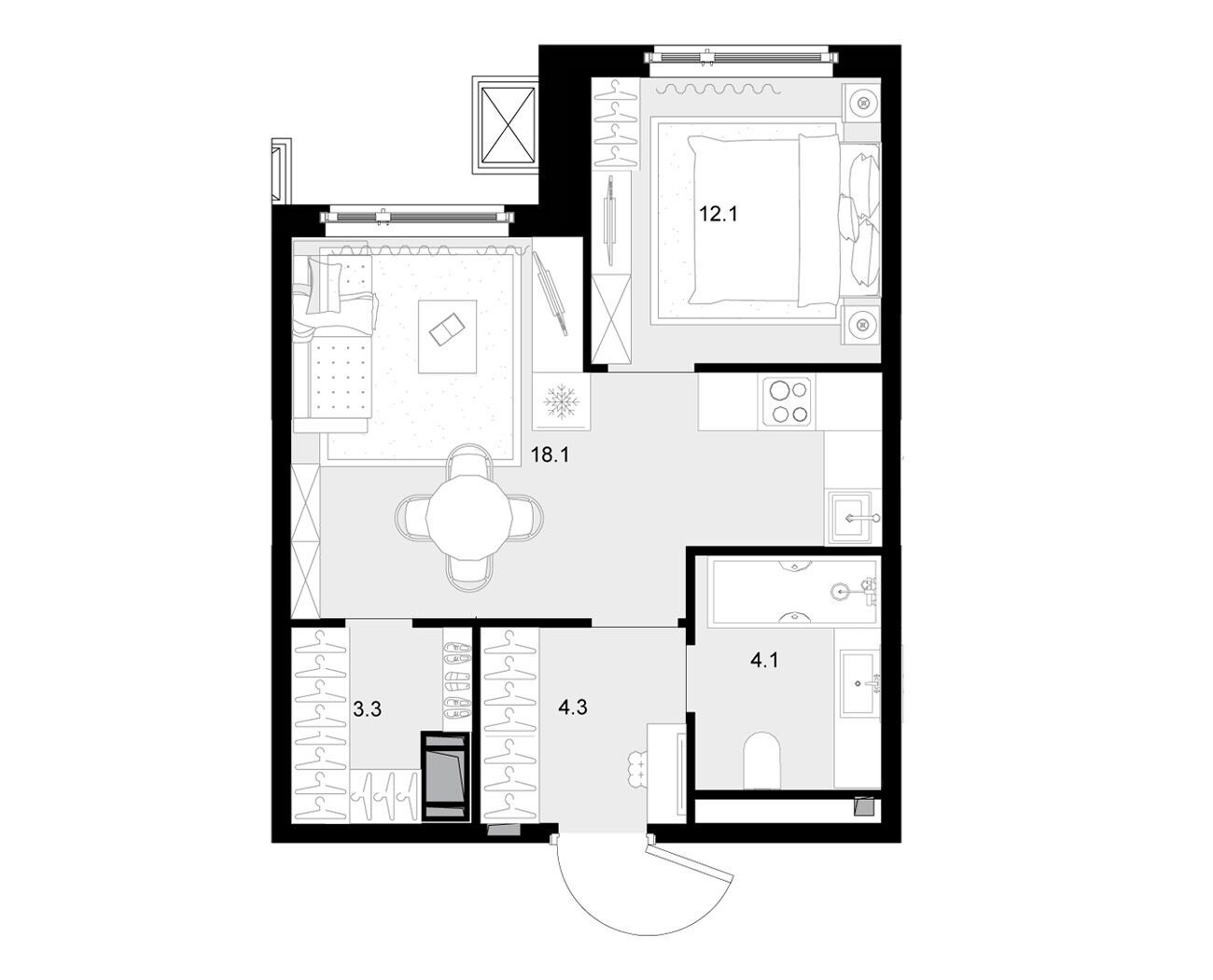 Планировка: 1-комн. квартира 39.30 м² в новостройке Малевич