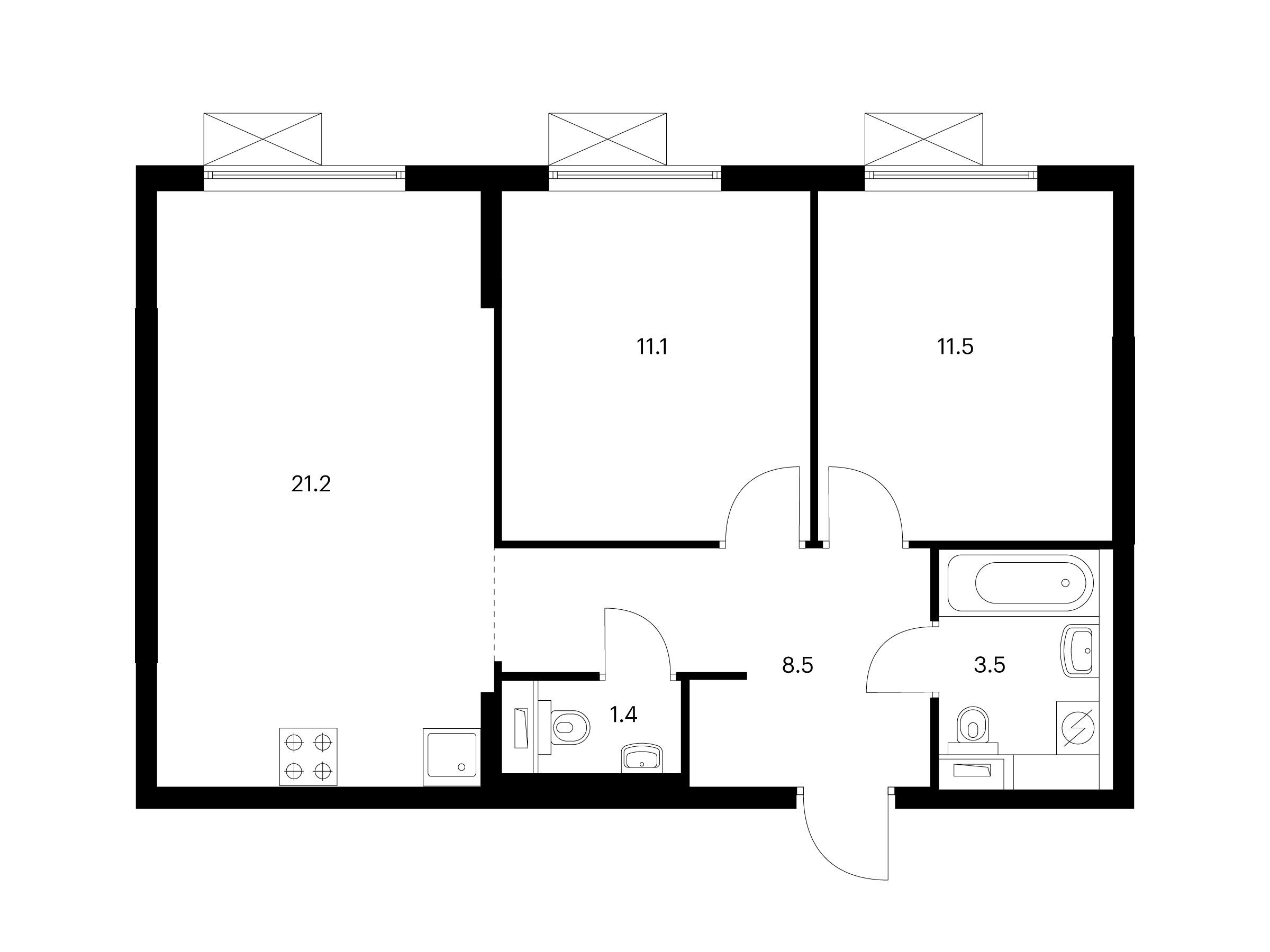 Планировка: 2-комн. квартира 57.20 м² в новостройке Кузьминский лес
