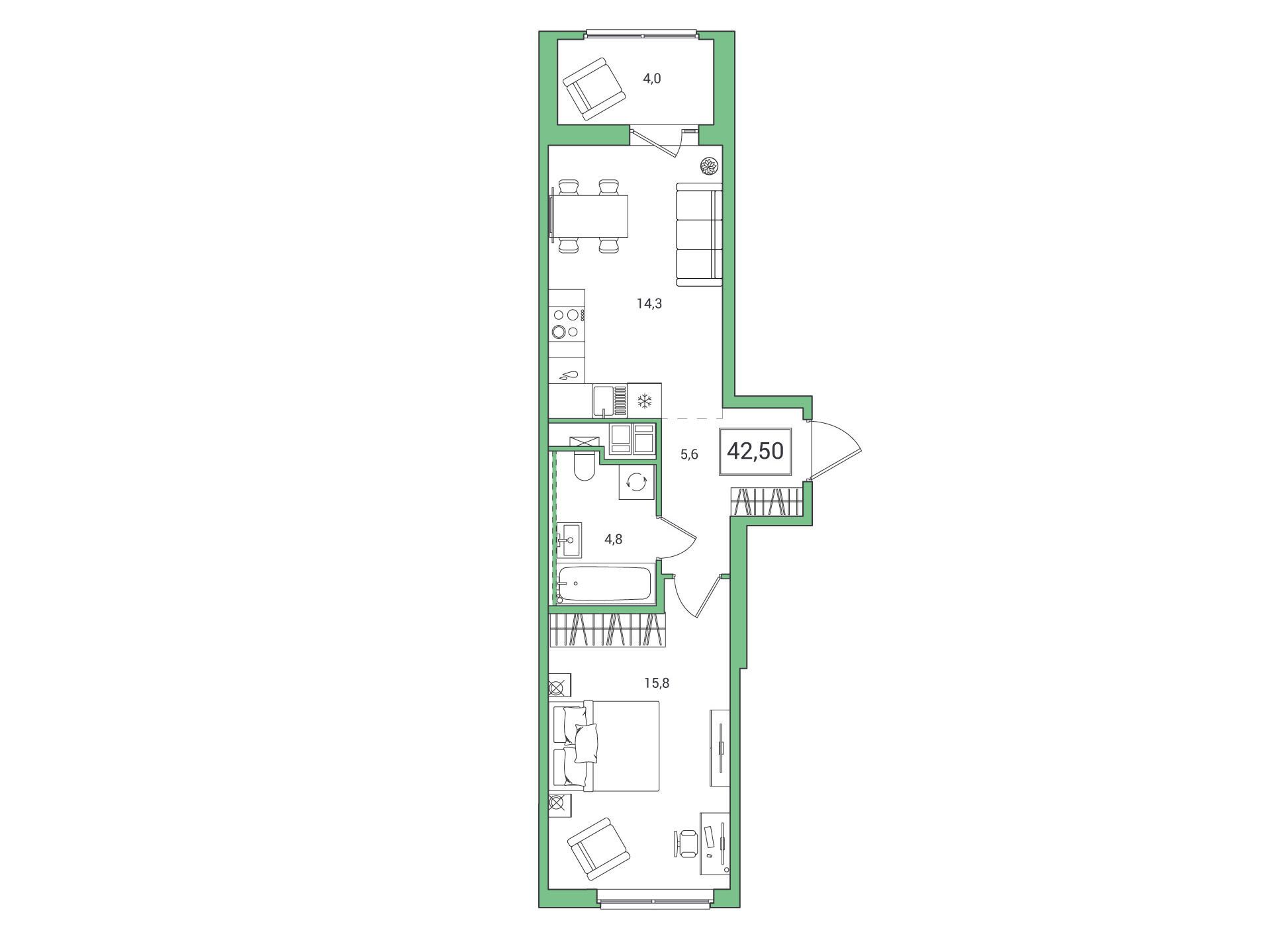 Планировка: 1-комн. квартира 42.50 м² в новостройке Янила Форест
