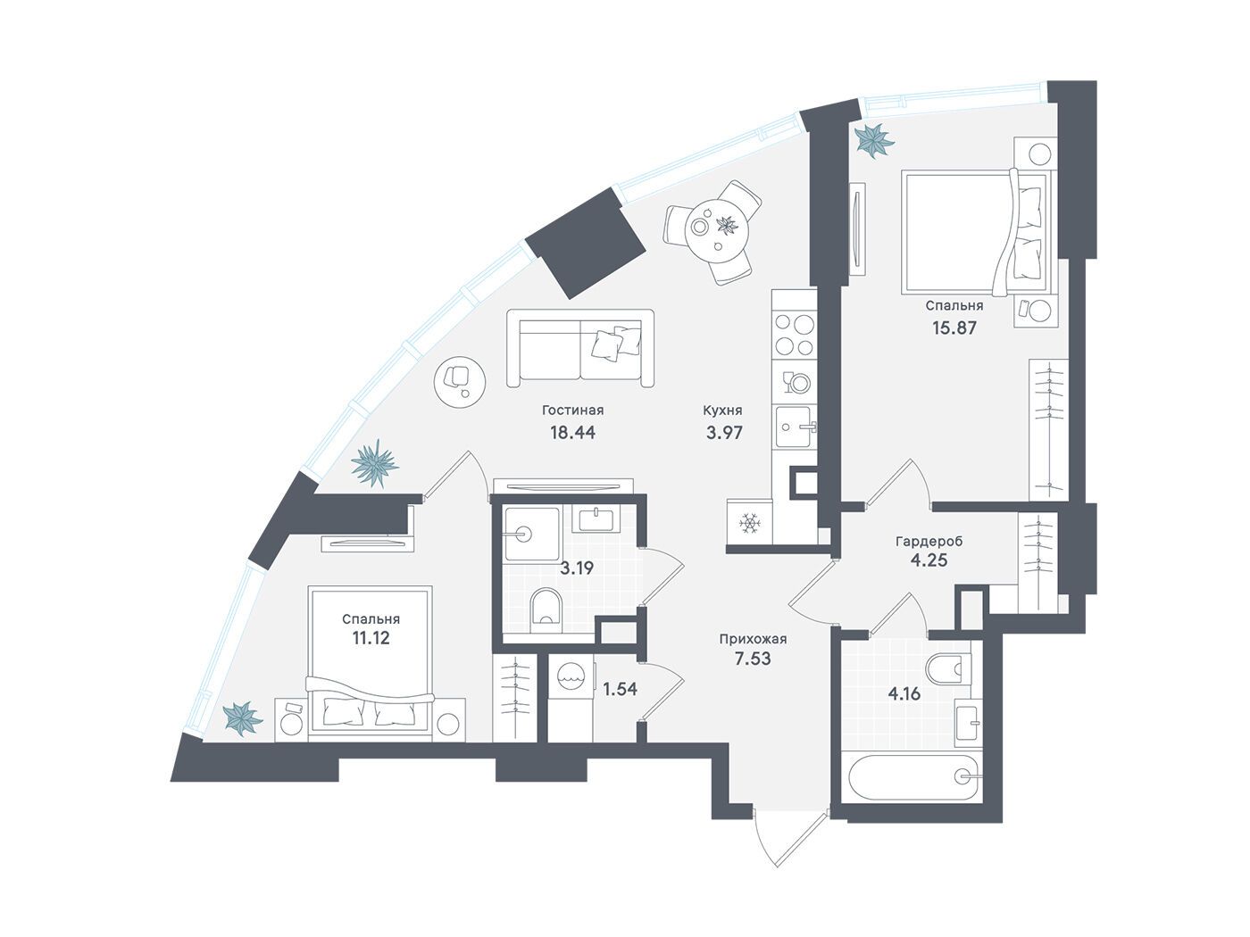 Планировка: 2-комн. квартира 70.07 м² в новостройке Солос