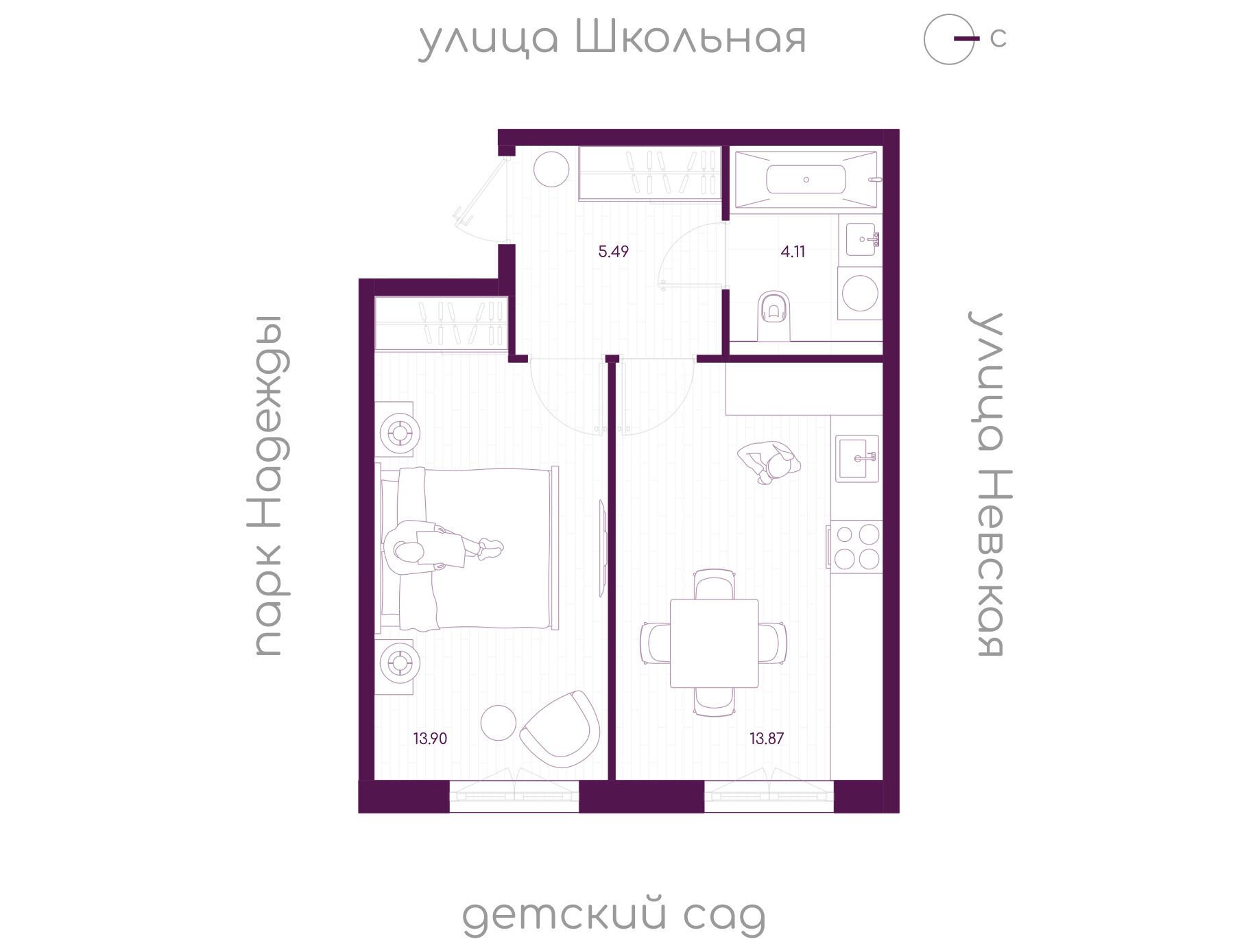 Планировка: 1-комн. квартира 37.37 м² в новостройке Дубровка.Парк