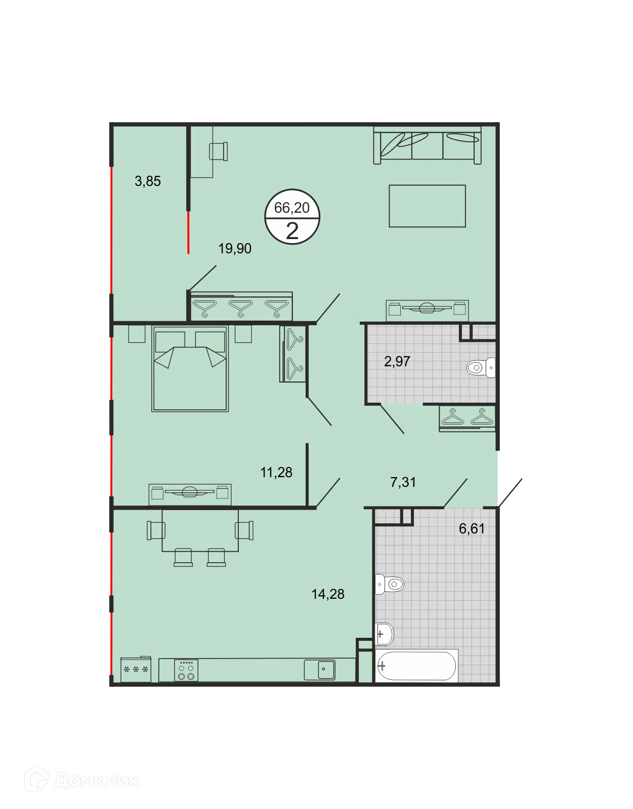 Планировка: 2-комн. квартира 66.20 м² в новостройке Дыхание