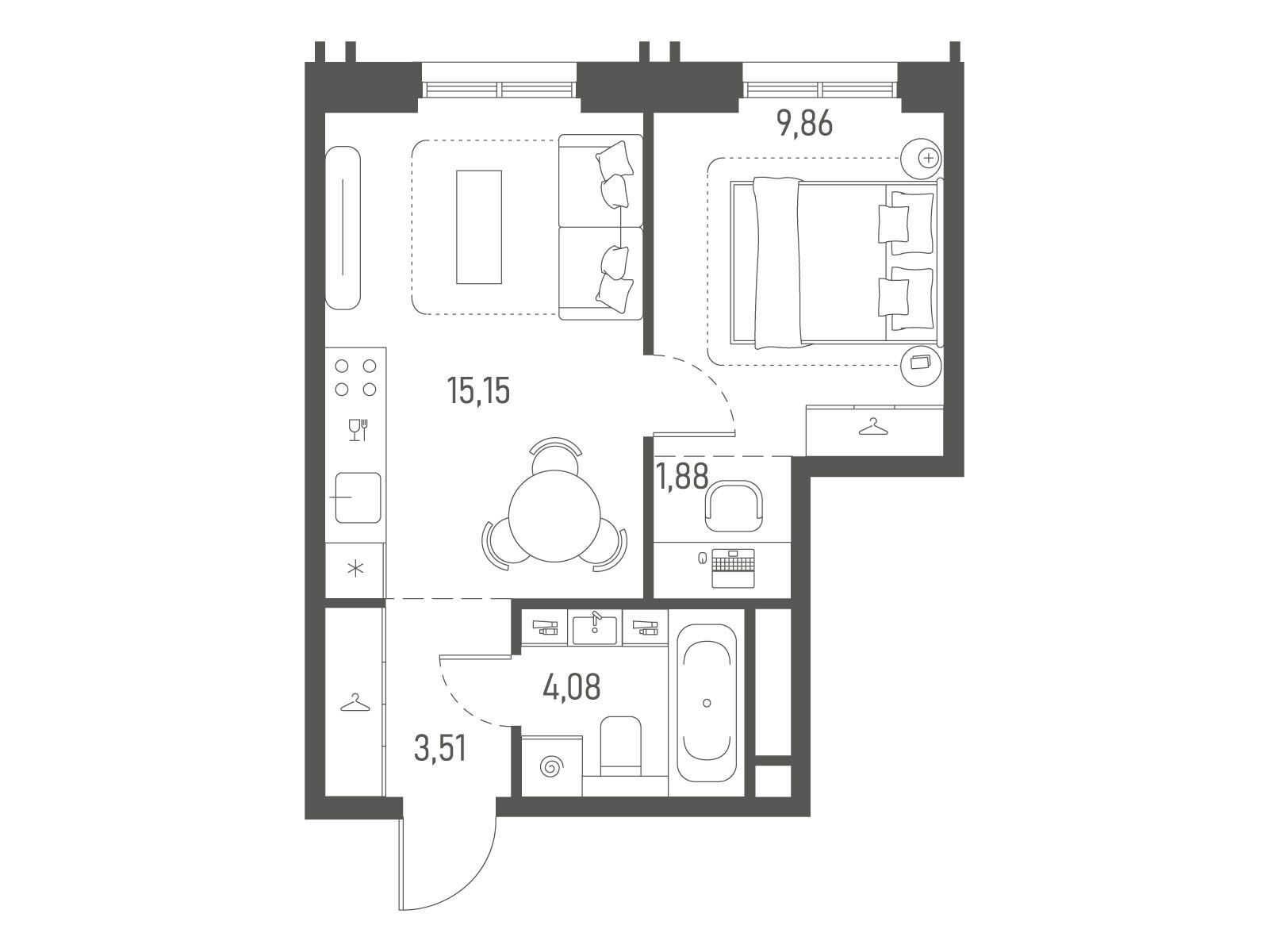 Планировка: 1-комн. квартира 34.48 м² в новостройке Индиво