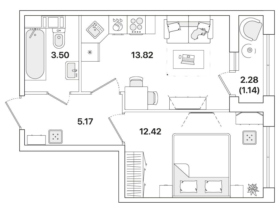 Планировка: 1-комн. квартира 36.10 м² в новостройке Академик